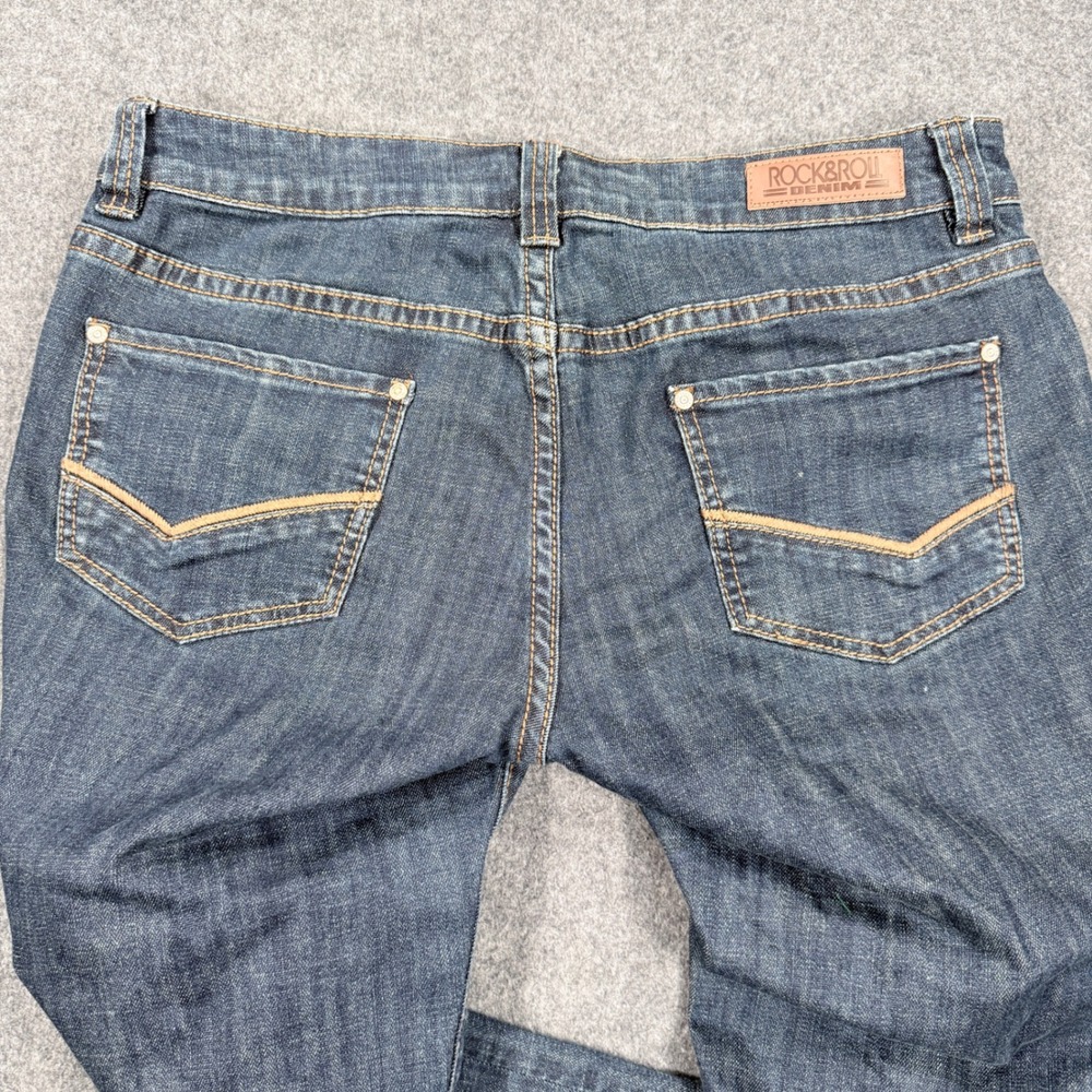 Rock & Roll Cowgirl Riding Jeans 32x30 Dark Wash Embroidered Fringe Hem Boho - Picture 6 of 13